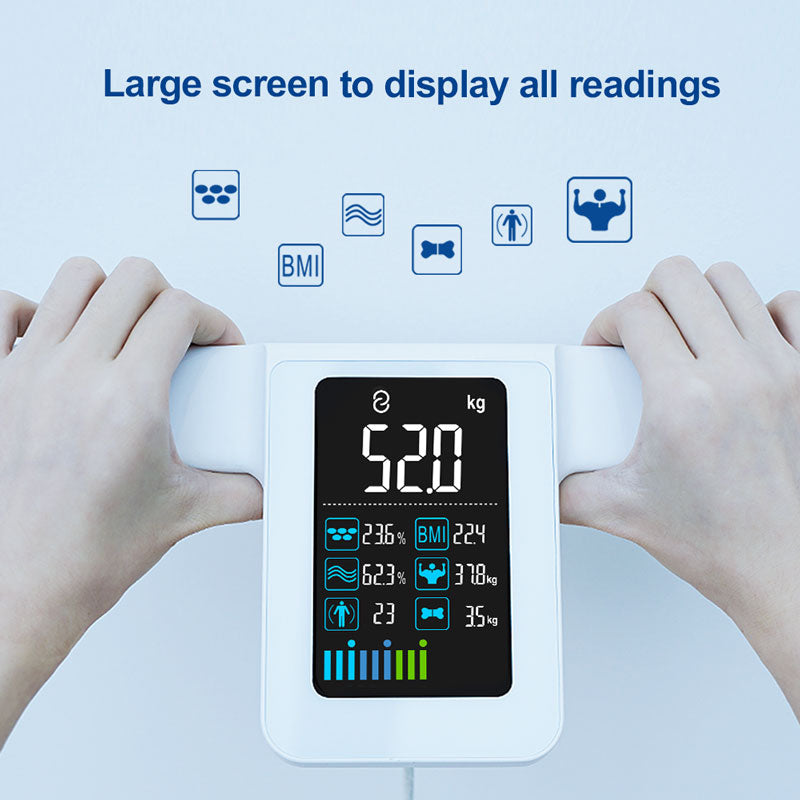 Two hands holding the handles of a MediWares digital bathroom scale with a large screen displaying various health metrics like weight, BMI, and body composition, against a plain background.