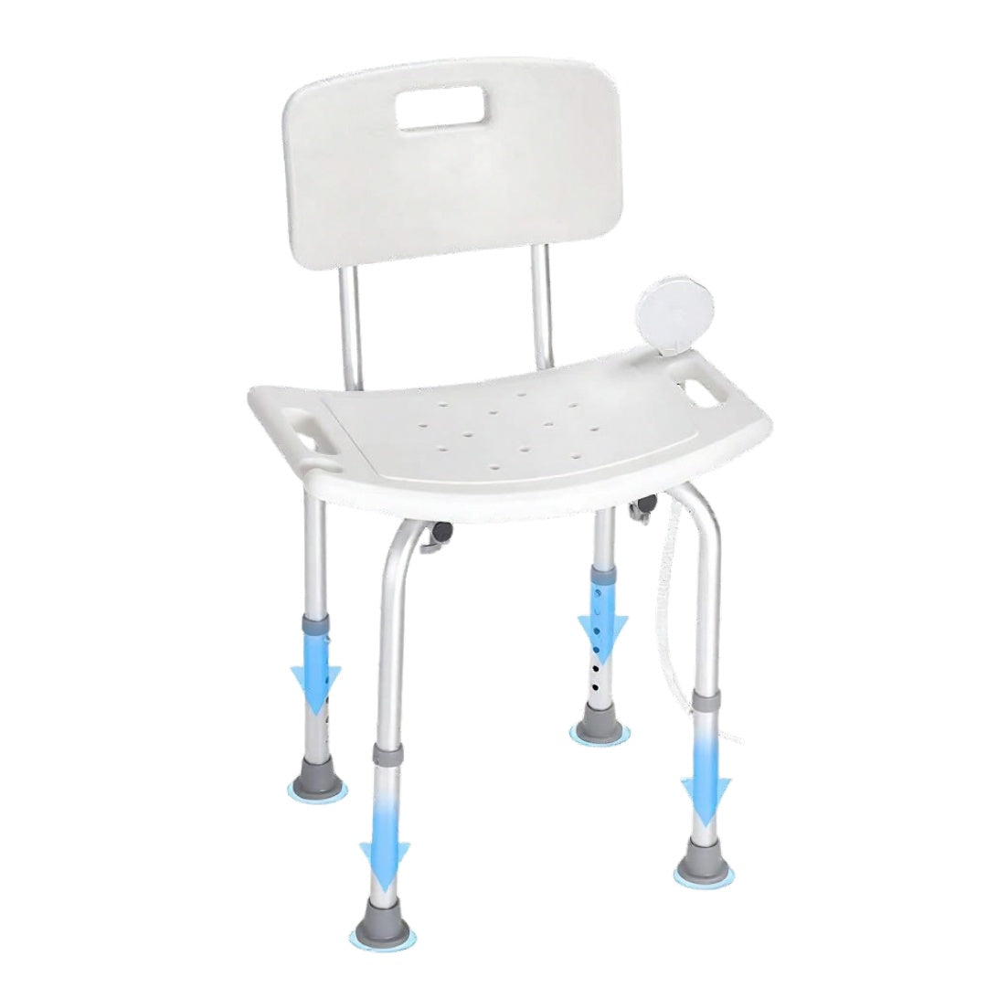 White shower chair with adjustable legs on a white background