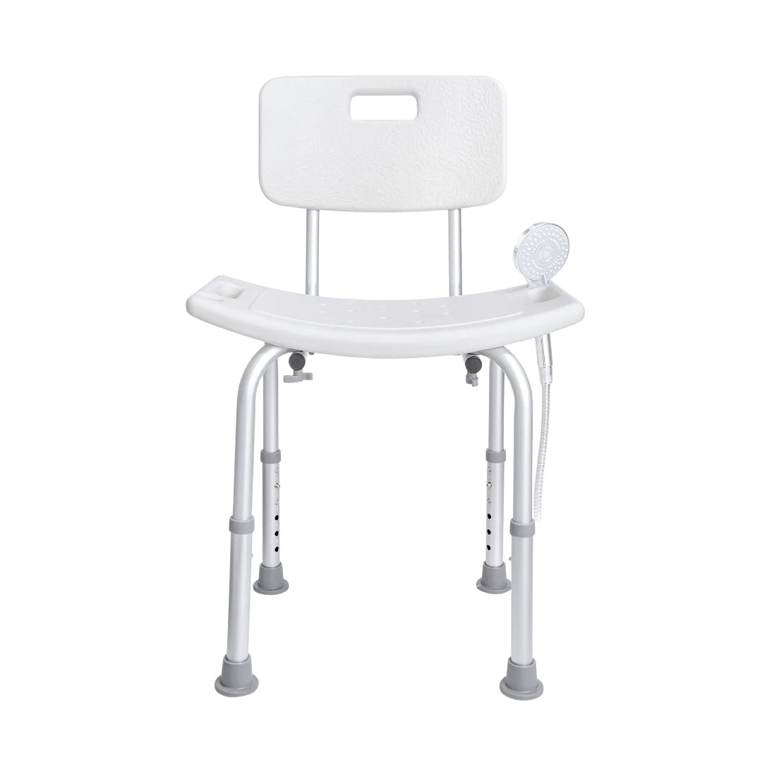 Front view of shower chair with backrest and handheld shower holder attached to right armrest