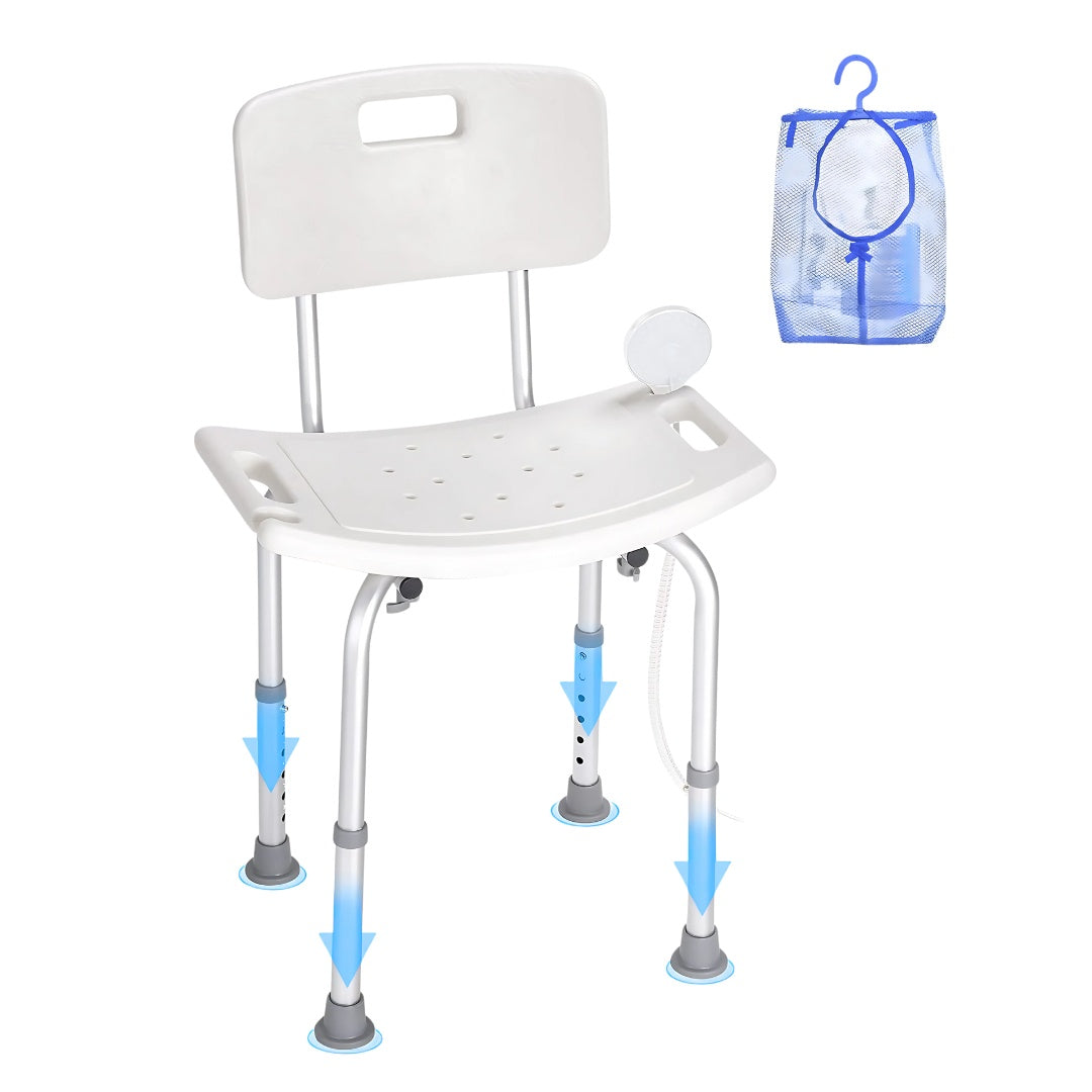Adjustable shower chair with backrest shown with height adjustment arrows and included blue mesh shower caddy