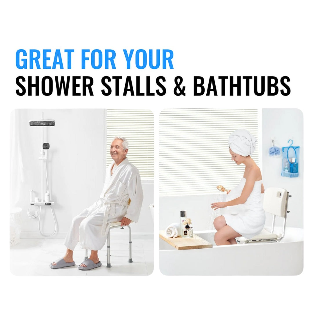 Elderly man and woman using the shower chair in a shower stall and bathtub respectively