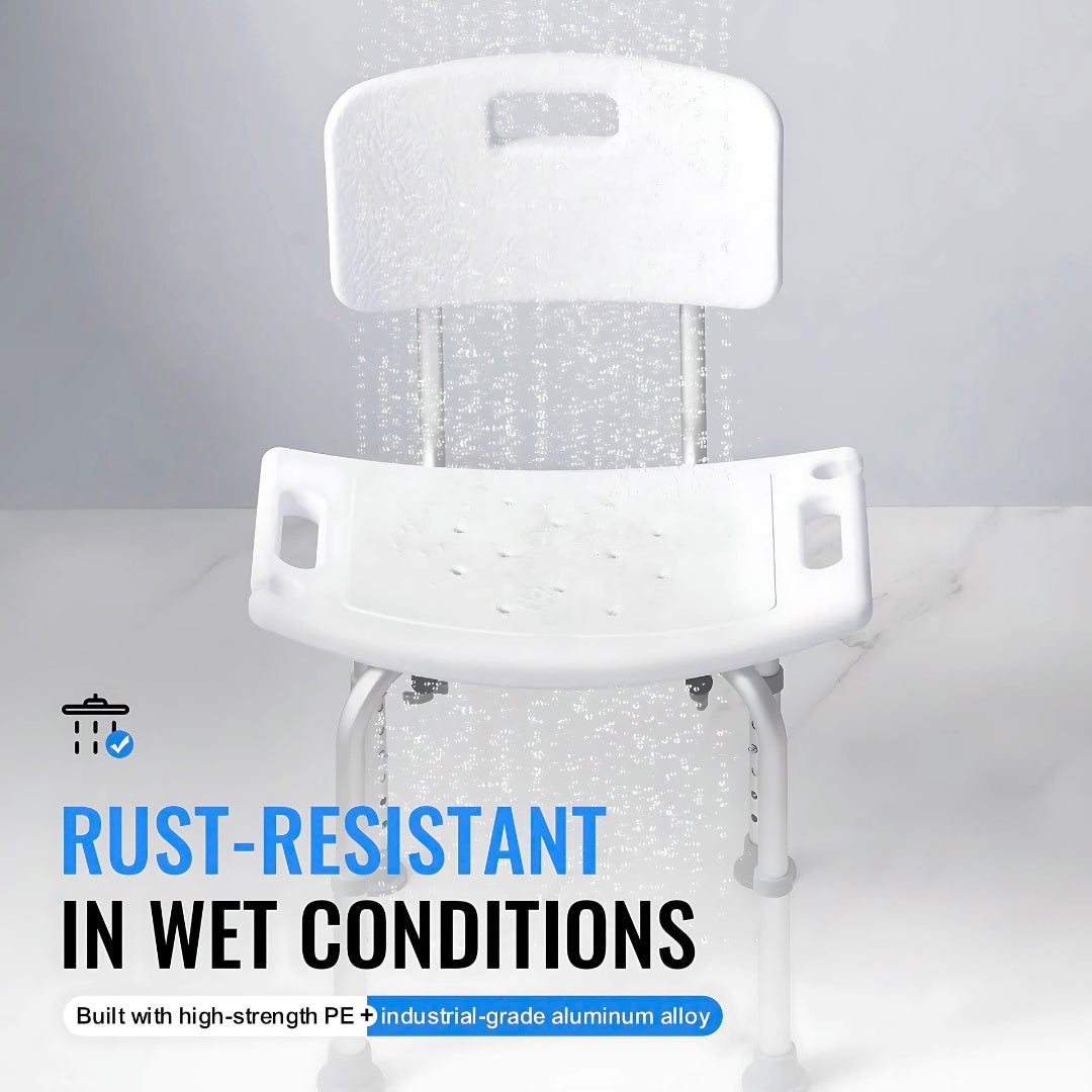 Shower chair under running water showcasing rust-resistant materials