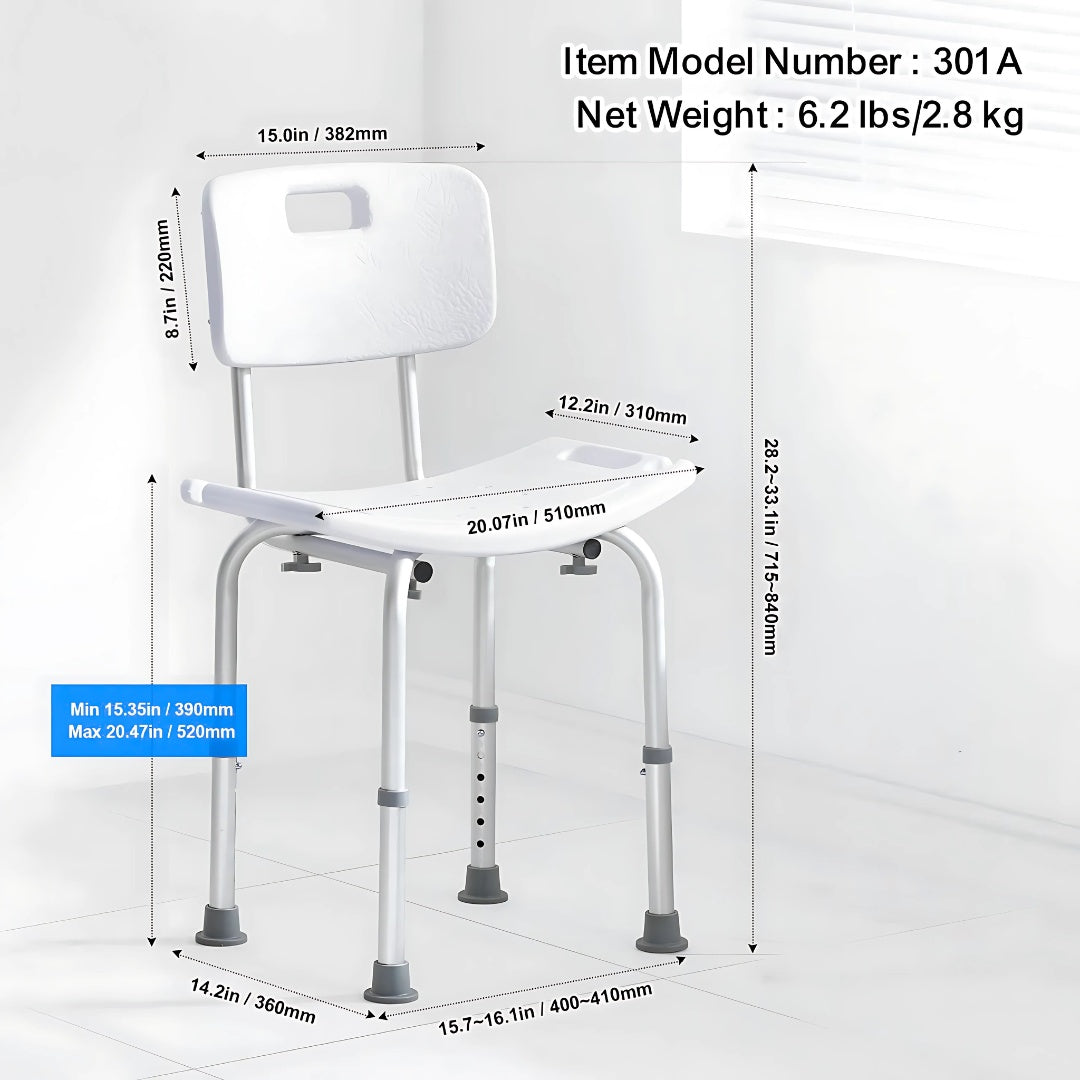 Shower chair with labeled dimensions and weight specifications in a bright bathroom