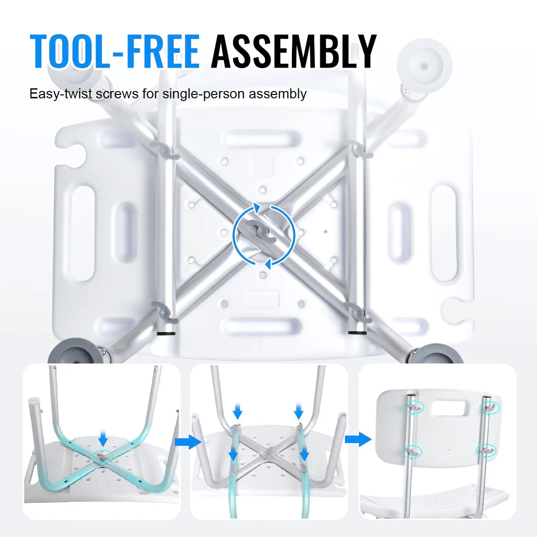 Underside view of shower chair showing tool-free assembly process with step-by-step visuals