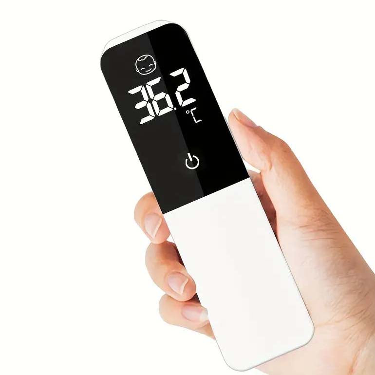 A hand holding a MediWares digital thermometer displaying a temperature of 36.7 degrees Celsius on a white background.