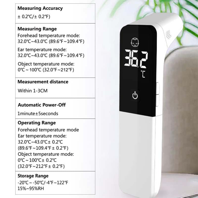 Digital thermometer from MediWares displaying 32.7°c, with a detailed guide on temperature measurement modes and accuracy. Positioned against a white and green striped background.