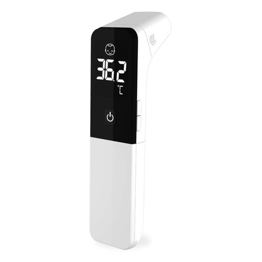 A MediWares digital infrared thermometer displaying a temperature of 36.2 degrees Celsius on its black screen, with a white body and simplistic design.