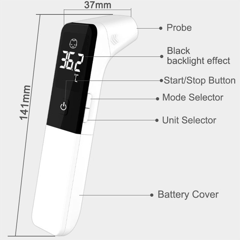 MediWares digital thermometer with labeled parts including a probe, display with backlight effect, buttons for start/stop, mode and unit selection, and a battery cover, with dimension markers.