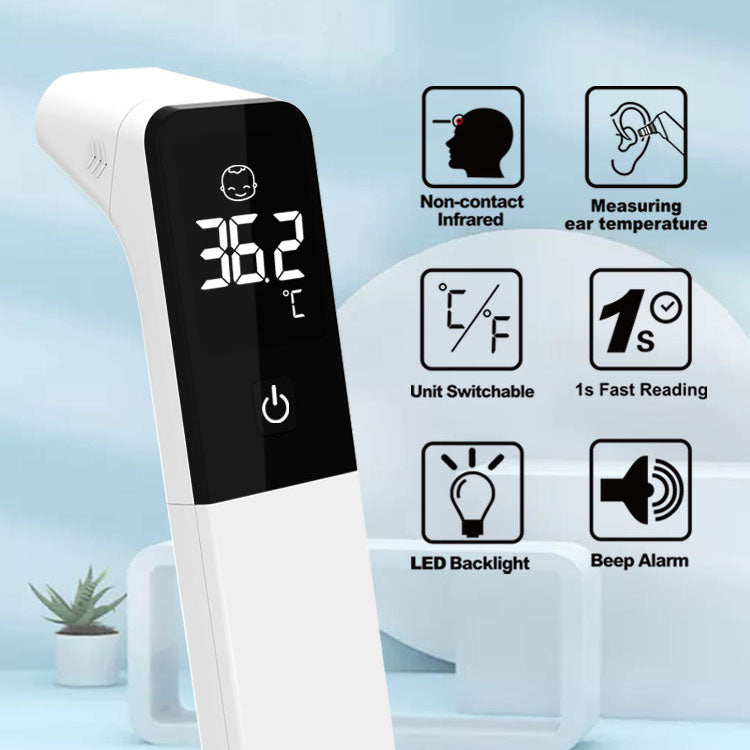 MediWares digital infrared non-contact thermometer displaying a temperature of 36.2°c, with icons illustrating features like ear temperature measurement and quick reading.