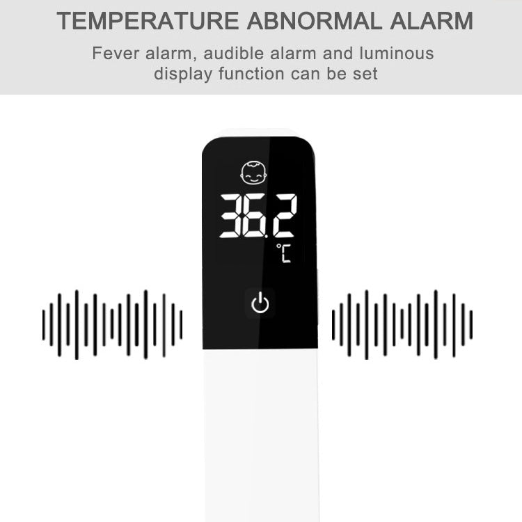 Digital thermometer from MediWares displaying a temperature of 38.2°c with icons indicating fever alarm, audible alarm, and a custom set luminous display, on a white background.