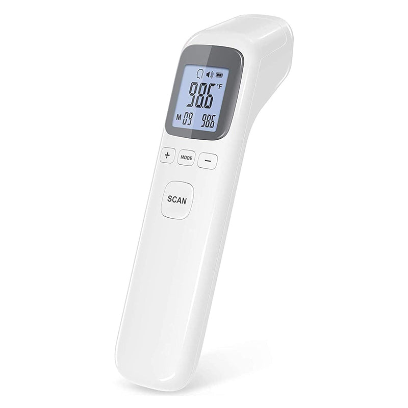 MediWares digital infrared forehead thermometer with an lcd display showing a temperature of 101.7 degrees Fahrenheit, set on a white background.