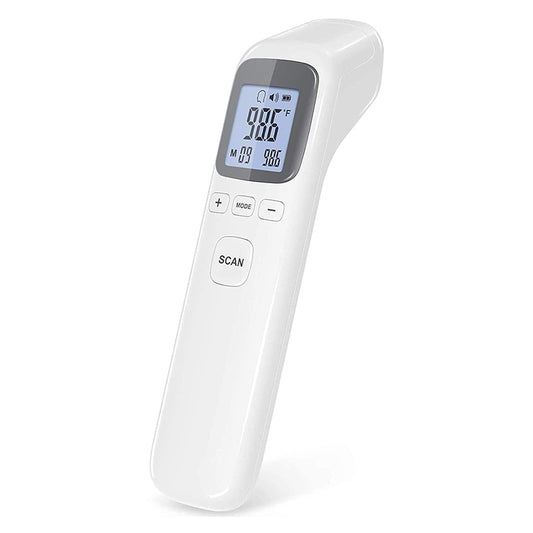 MediWares digital infrared forehead thermometer with an lcd display showing a temperature of 101.7 degrees Fahrenheit, set on a white background.