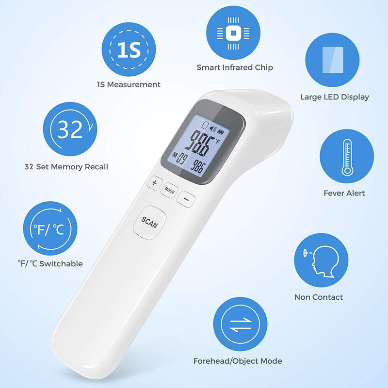 A MediWares digital non-contact infrared thermometer displaying a temperature reading on its large LED display. Icons highlight features like smart chip, fever alert, and mode for forehead/object measurement.