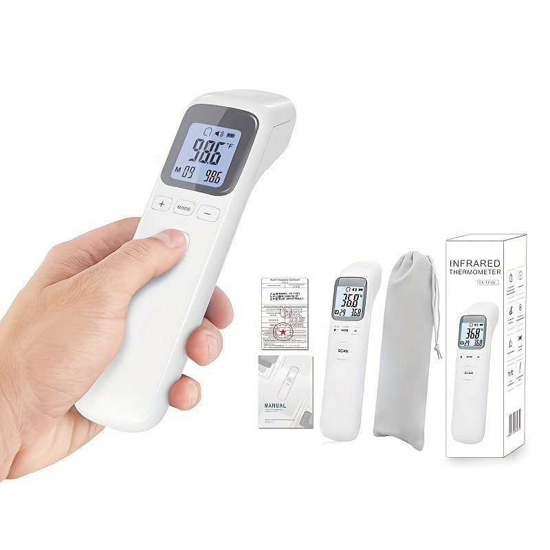 A MediWares infrared thermometer displayed along with its packaging and instruction manual. The thermometer's digital screen shows a reading in a white and clean design.