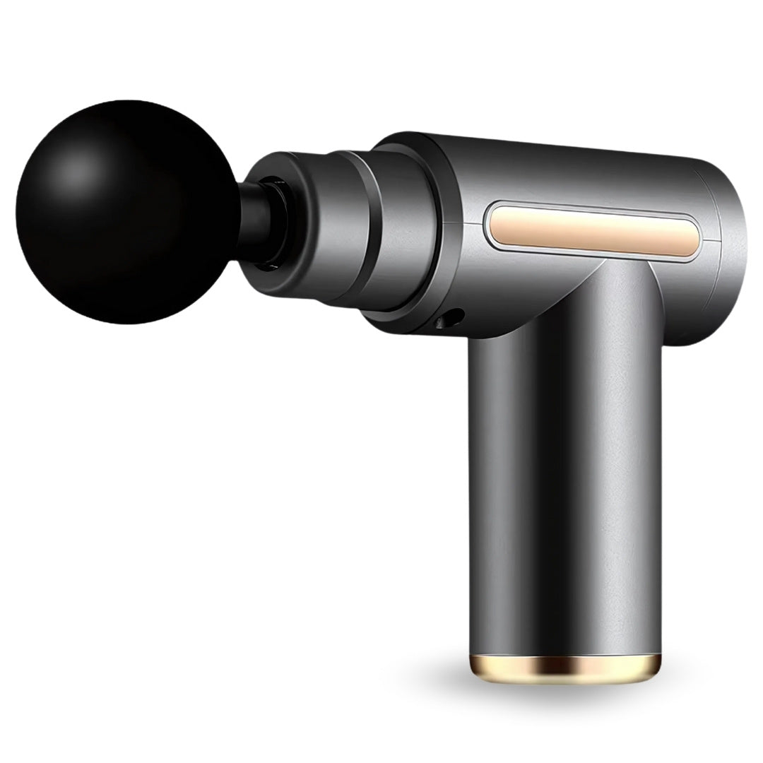 MediWares Fascia Gun shown in side profile with round massage head and metallic finish