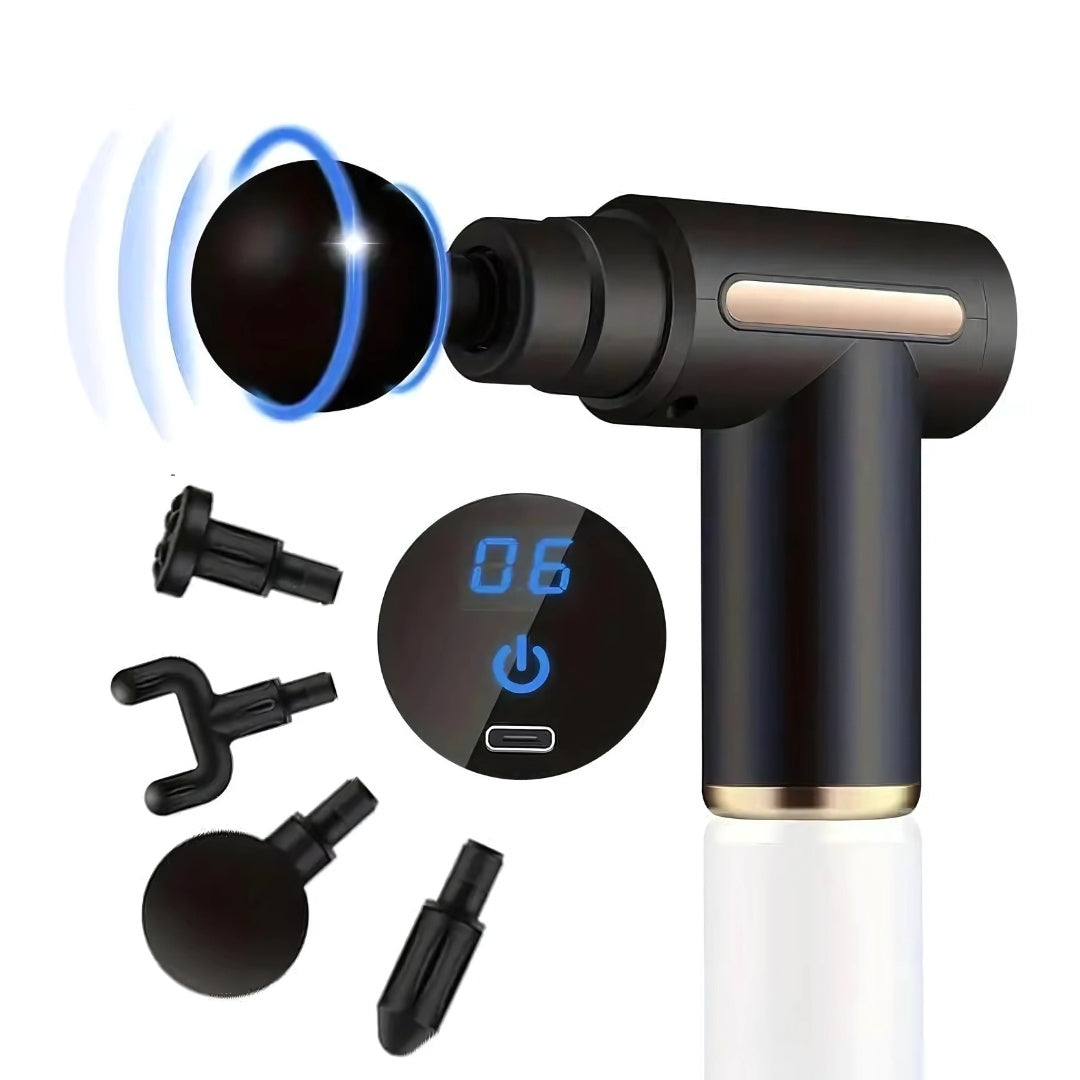 MediWares Fascia Gun with digital display, four attachment heads, and active vibration effect