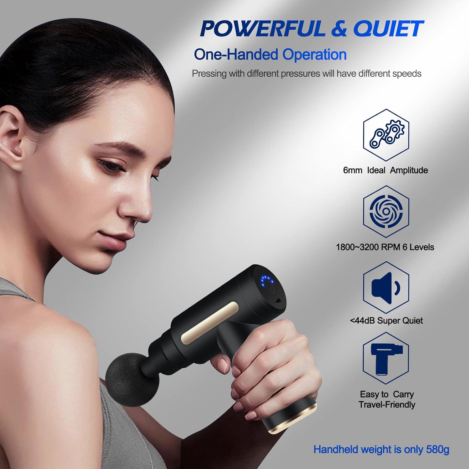 Woman holding a handheld massage device with product features displayed on a gray background