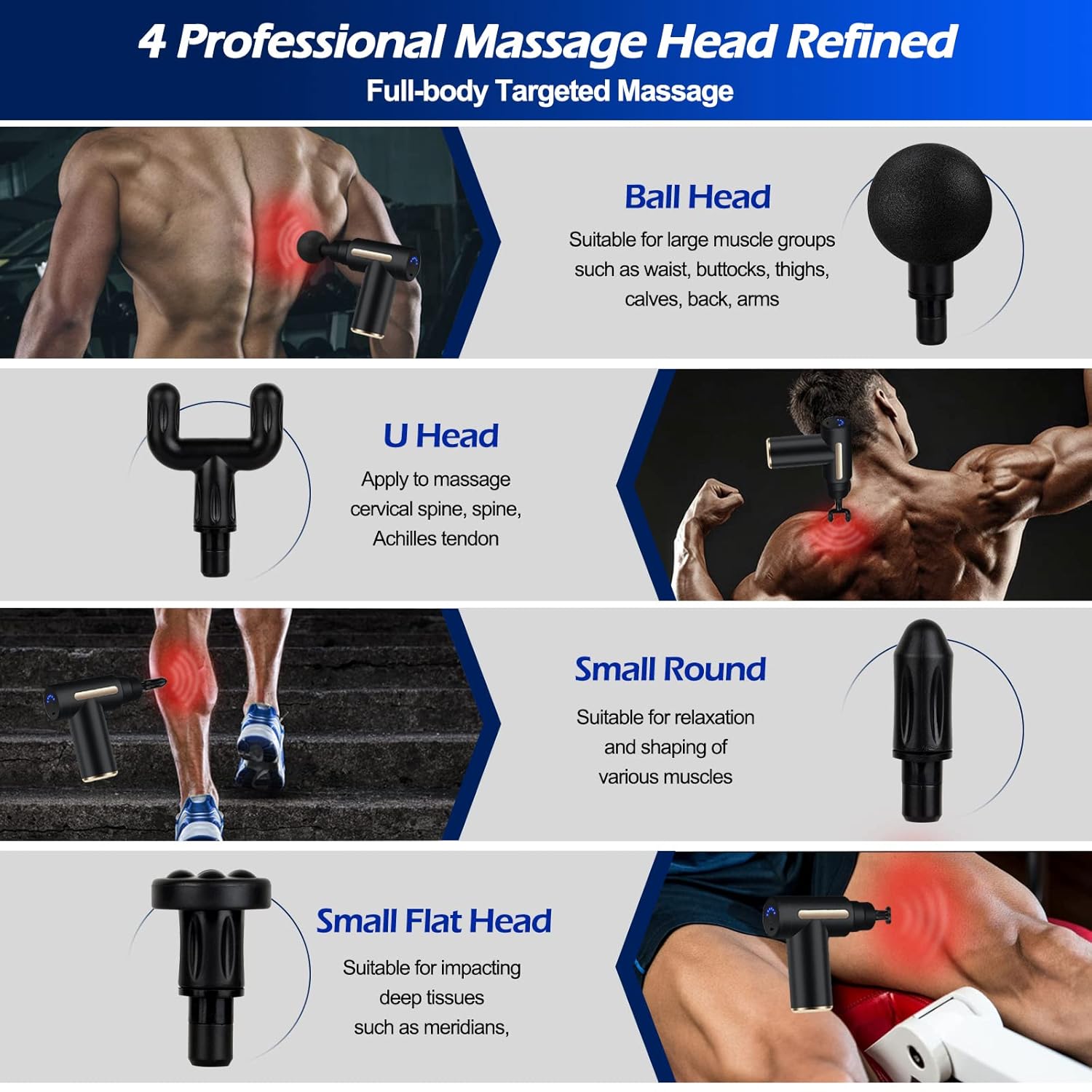 Massage gun with different heads for full-body targeted massage, shown on a white background.