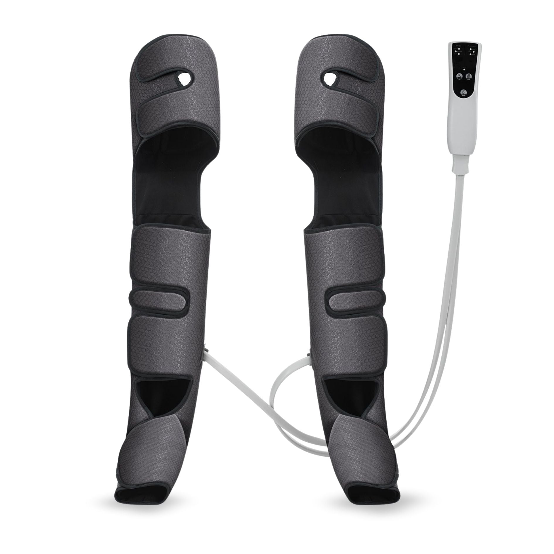Front view of full leg massager pair with Velcro closures and attached remote control