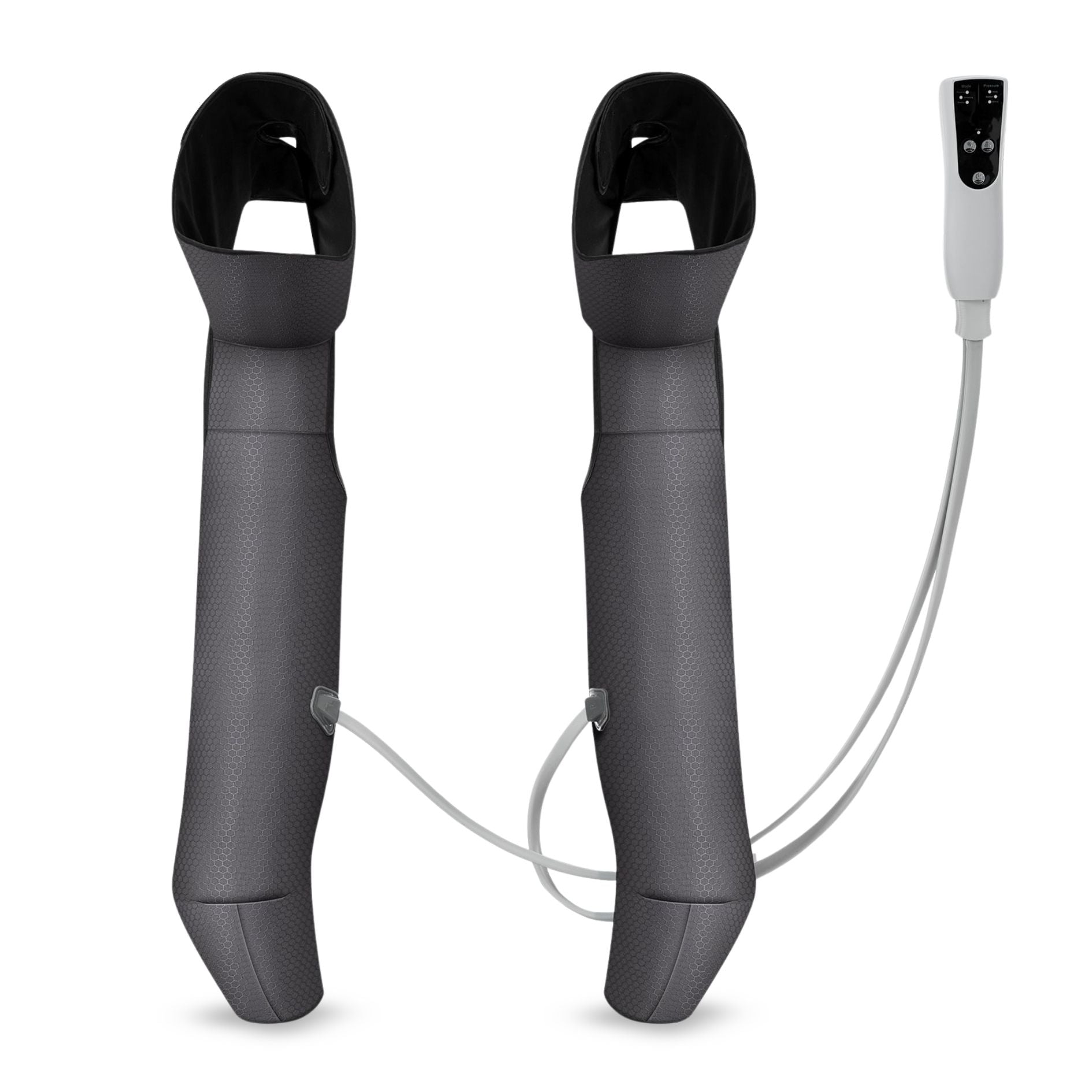 Rear view of full leg massager showing smooth exterior and tubing connections
