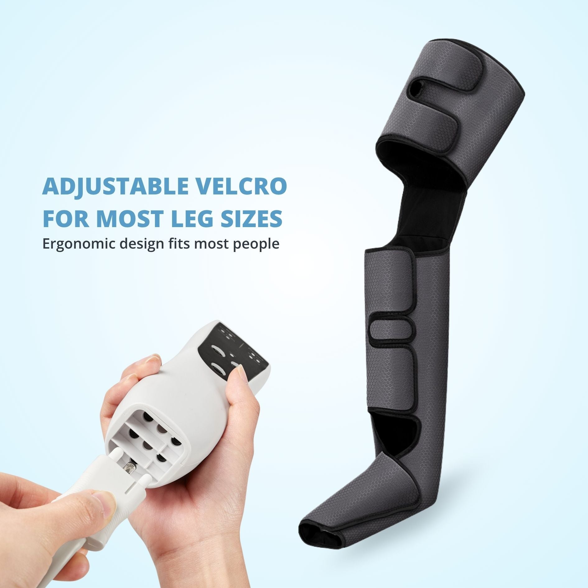 Full leg massager with hand plugging cord into remote, highlighting adjustable Velcro