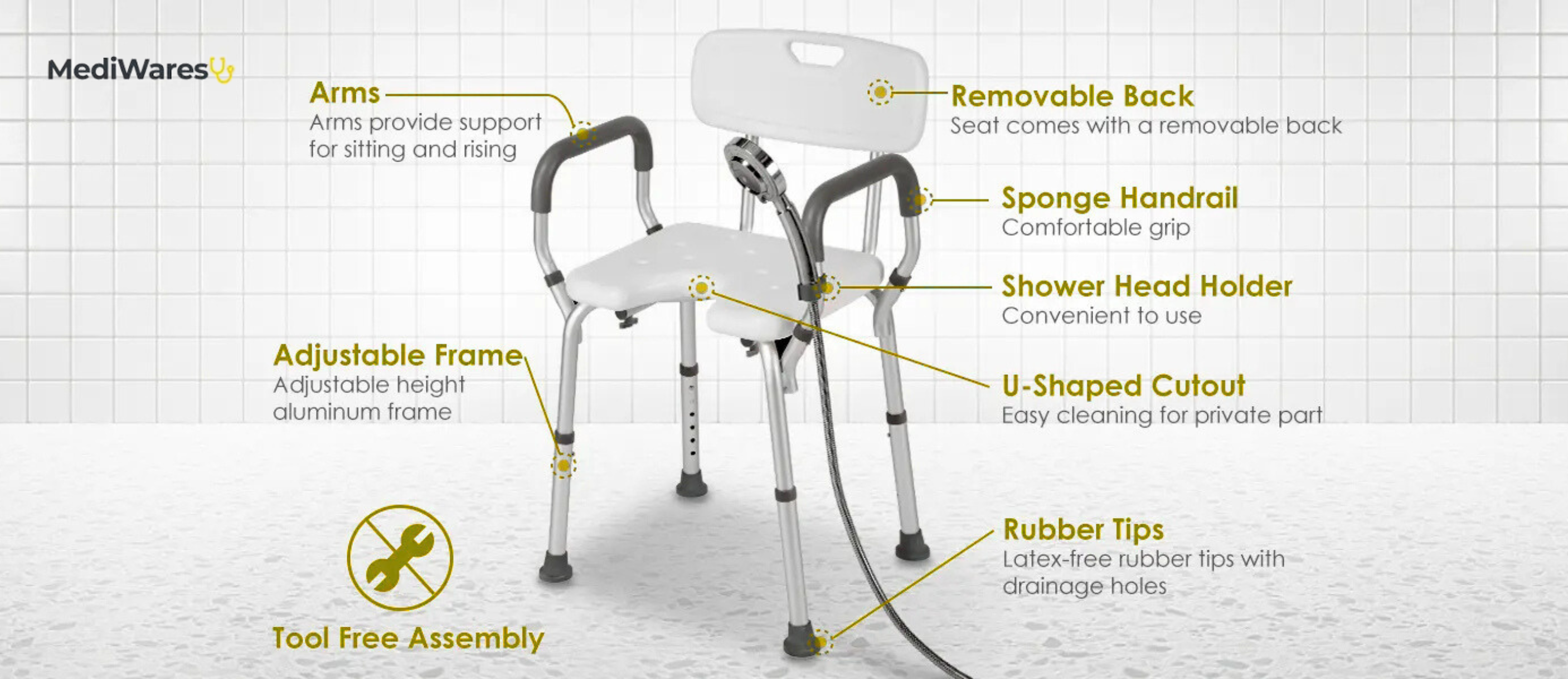 mediwares adjustable shower chair with arms -product features