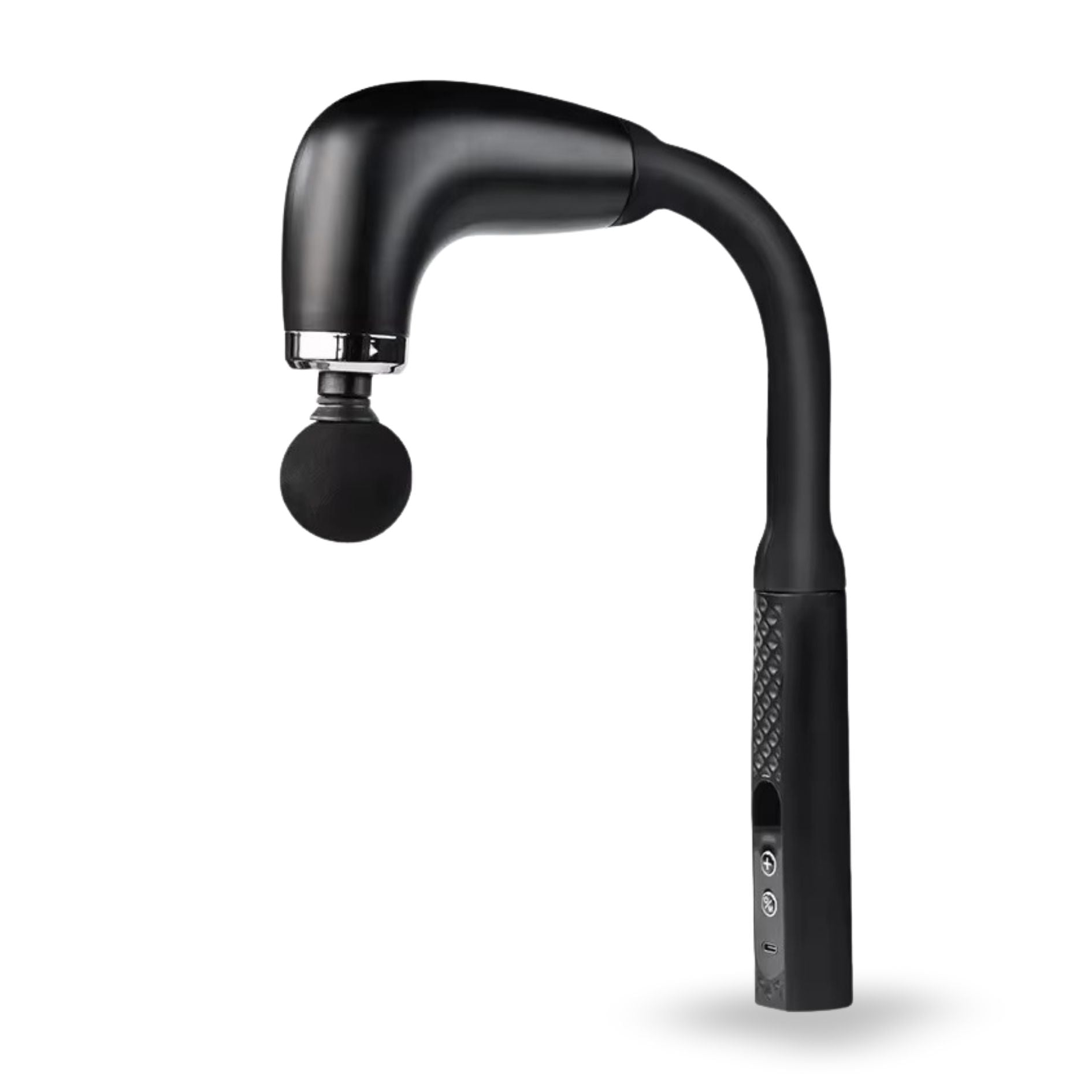 Mediwares Extended Handle Massage Gun in black shown from side view with spherical attachment