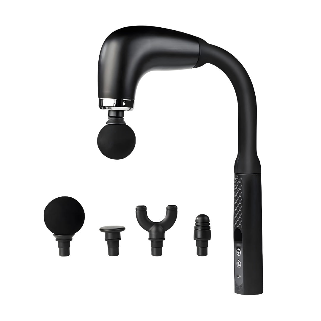 Mediwares massage gun with four interchangeable massage heads displayed below