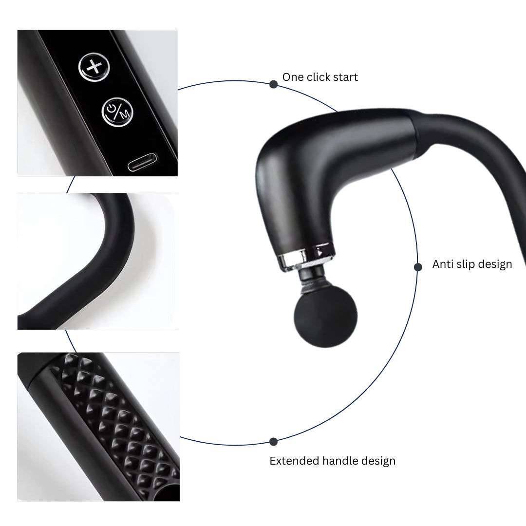 Woman using Mediwares Extended Handle Massage Gun on upper back with ergonomic grip