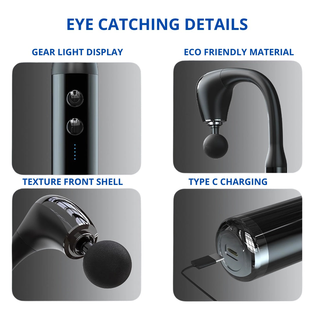 hand held massager features including gear light display, eco-friendly material, texture front shell, and type C charging.