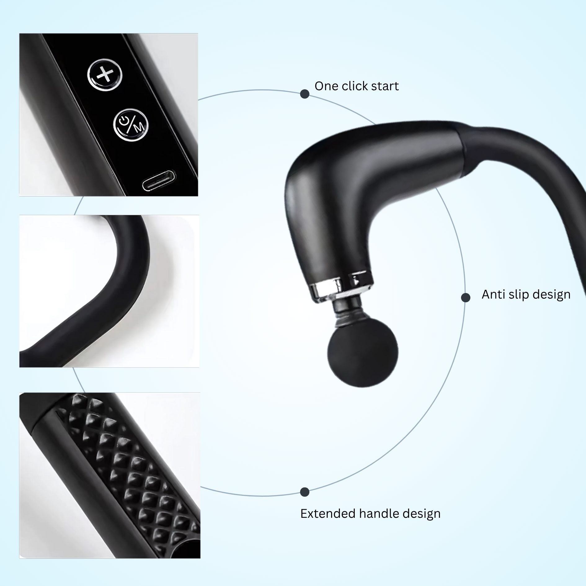 Mediwares Intelligent black Massager gun in use on a woman's shoulder, showing active vibration function background with features highlighted on a light blue 