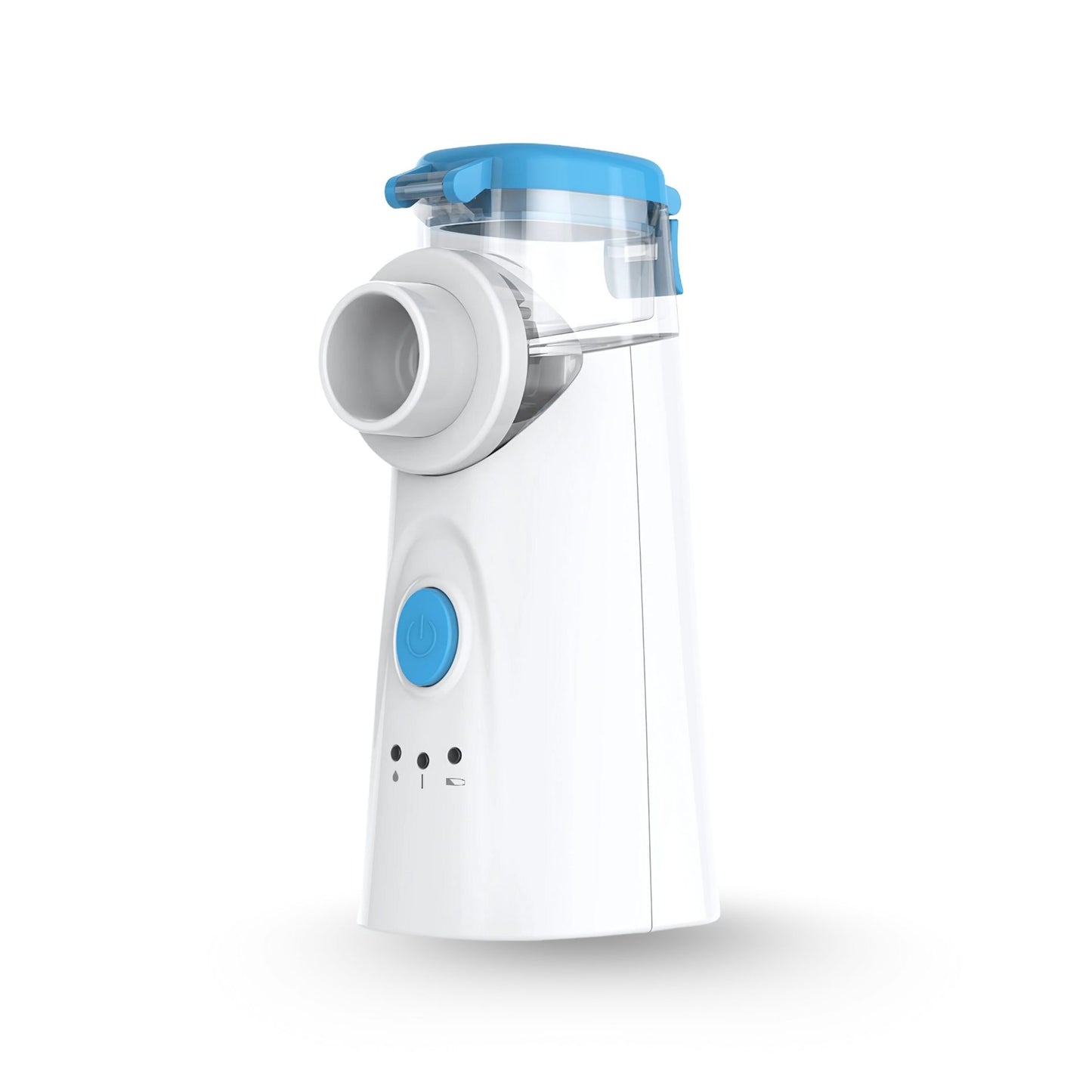 Side view of MediWares nebulizer showing mouthpiece port and blue power button