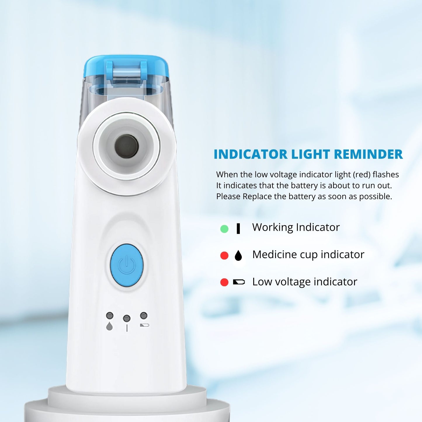 Front view of MediWares nebulizer with indicator light guide and labeled LED icons
