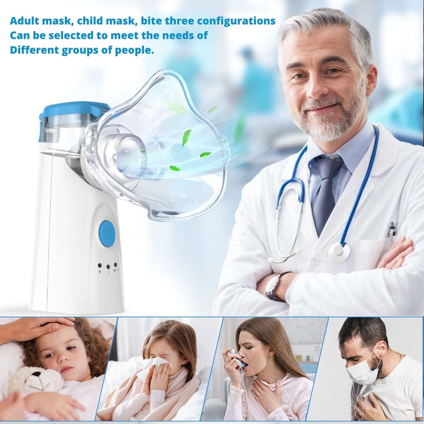MediWares nebulizer with adult mask in use illustration and images of people using it