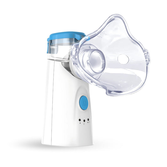 MediWares nebulizer with attached adult mask angled to show mouthpiece and power button