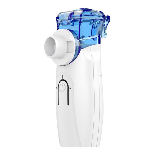 Portable nebulizer with white body and blue medicine cup shown upright