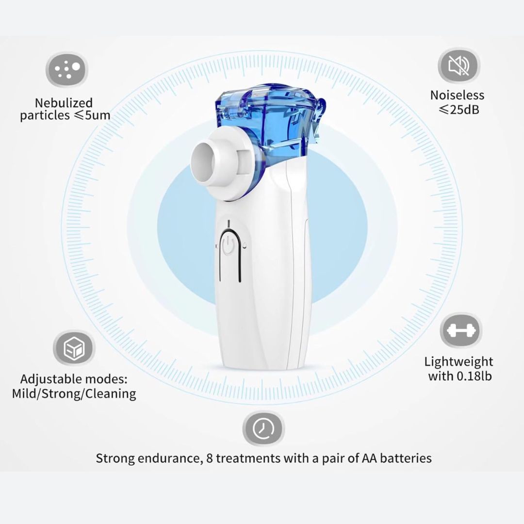 Nebulizer with icons highlighting noiseless use, adjustable modes, and lightweight design