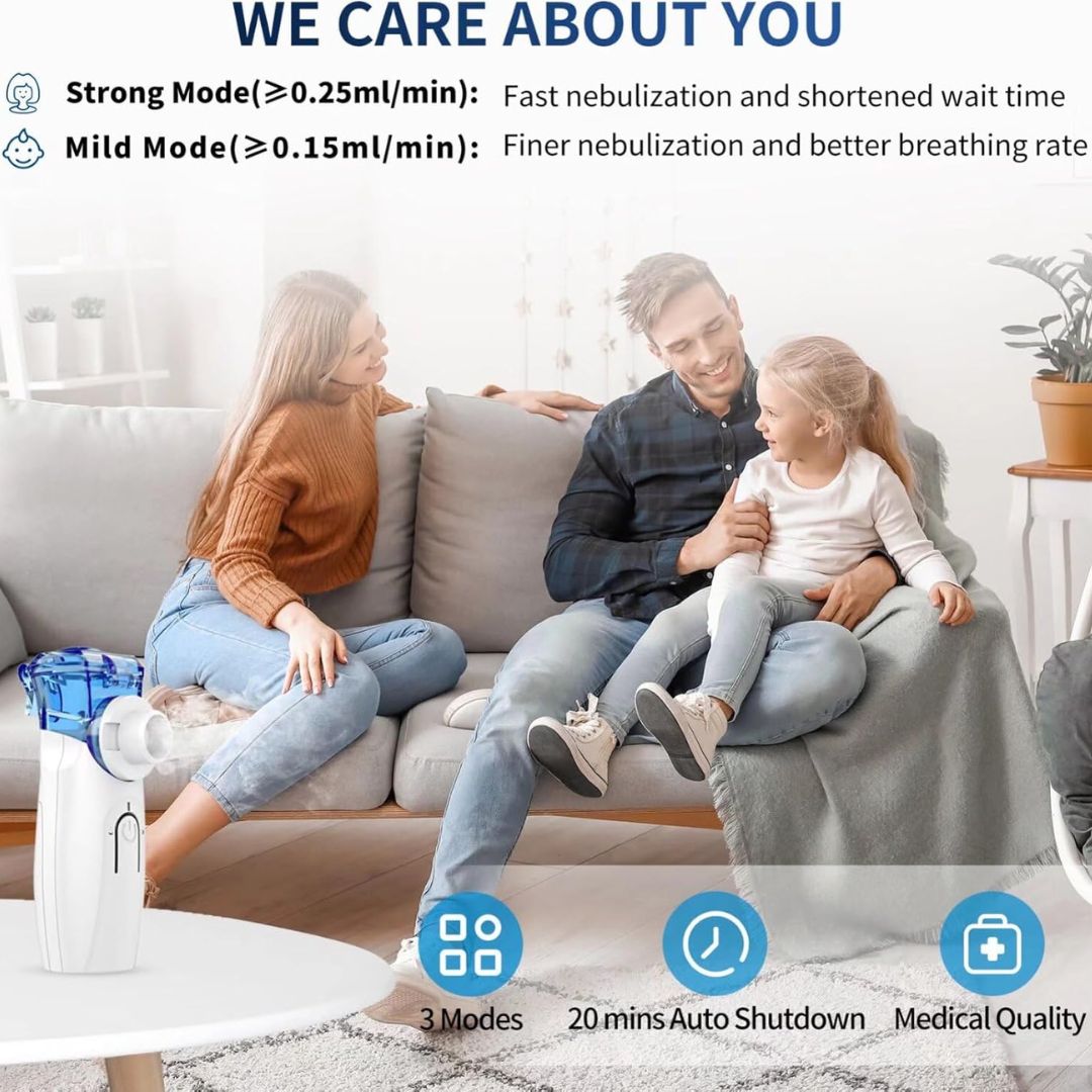 Family sitting on sofa with nebulizer shown in front, emphasizing strong and mild modes