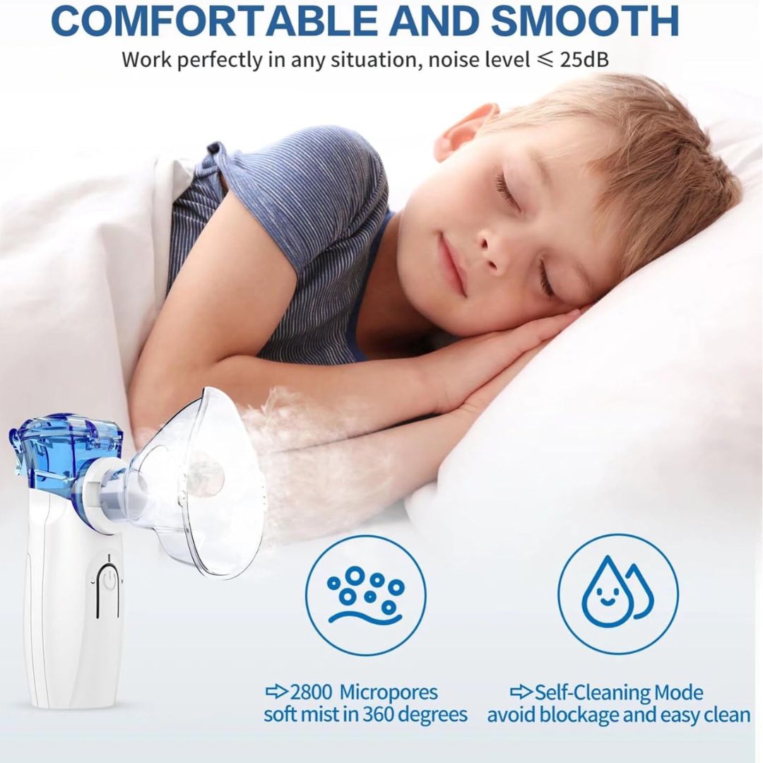 Child sleeping beside nebulizer producing soft mist with attached mask