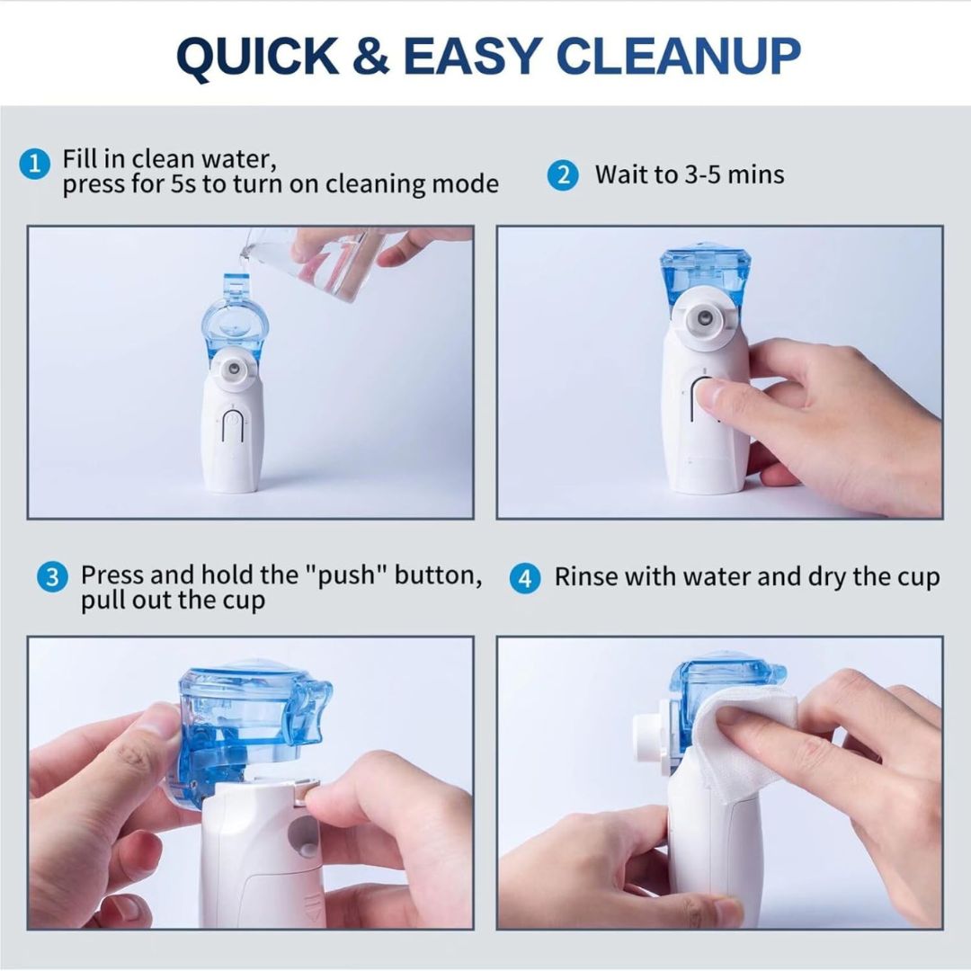 Step-by-step cleaning guide for nebulizer showing water filling, button press, and cup removal