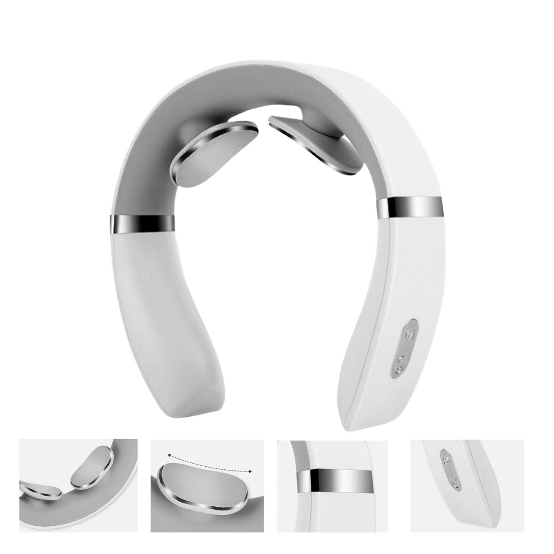 Neck massager with close-up insets showing contact pads, side button, and flexible design details