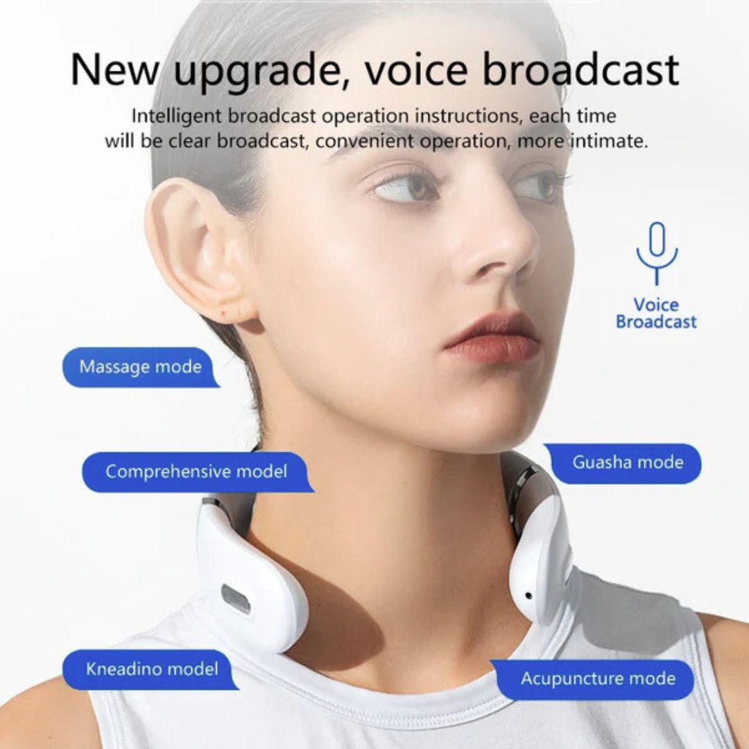 Woman wearing the neck massager with labeled massage modes like guasha and acupuncture
