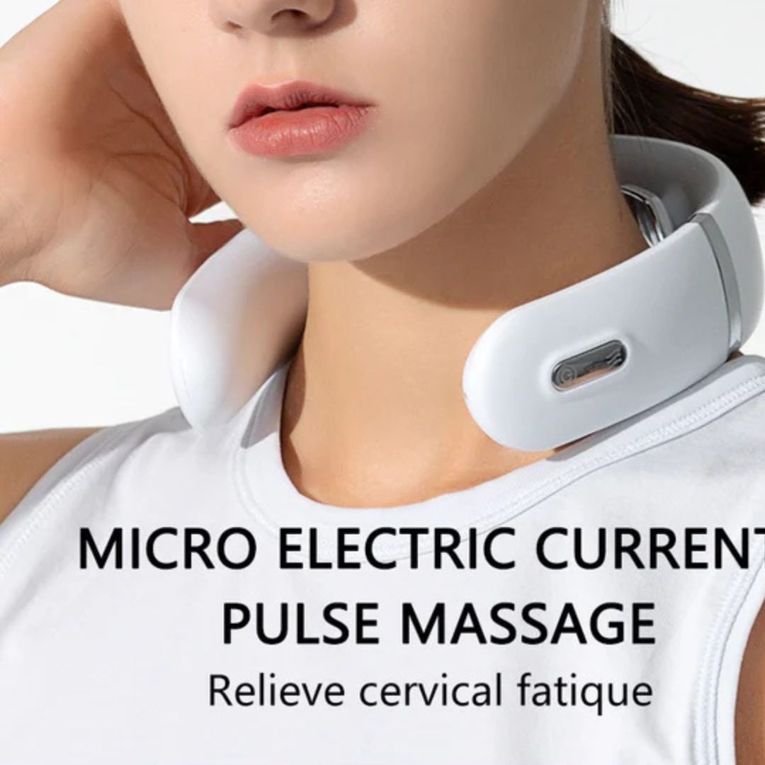 Close-up of woman using neck massager with text promoting micro electric pulse massage