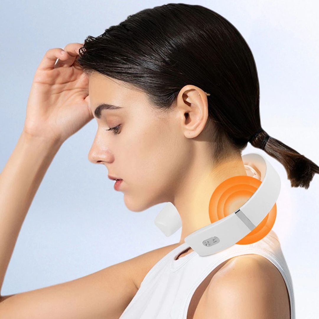 Side view of woman using the neck massager with illustrated heat function targeting neck area