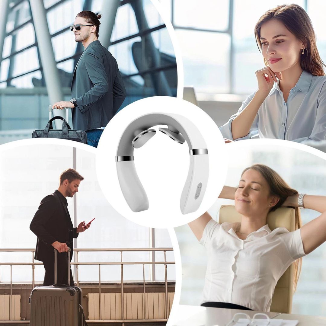 Neck massager shown with four lifestyle scenes including travel, office, and relaxation
