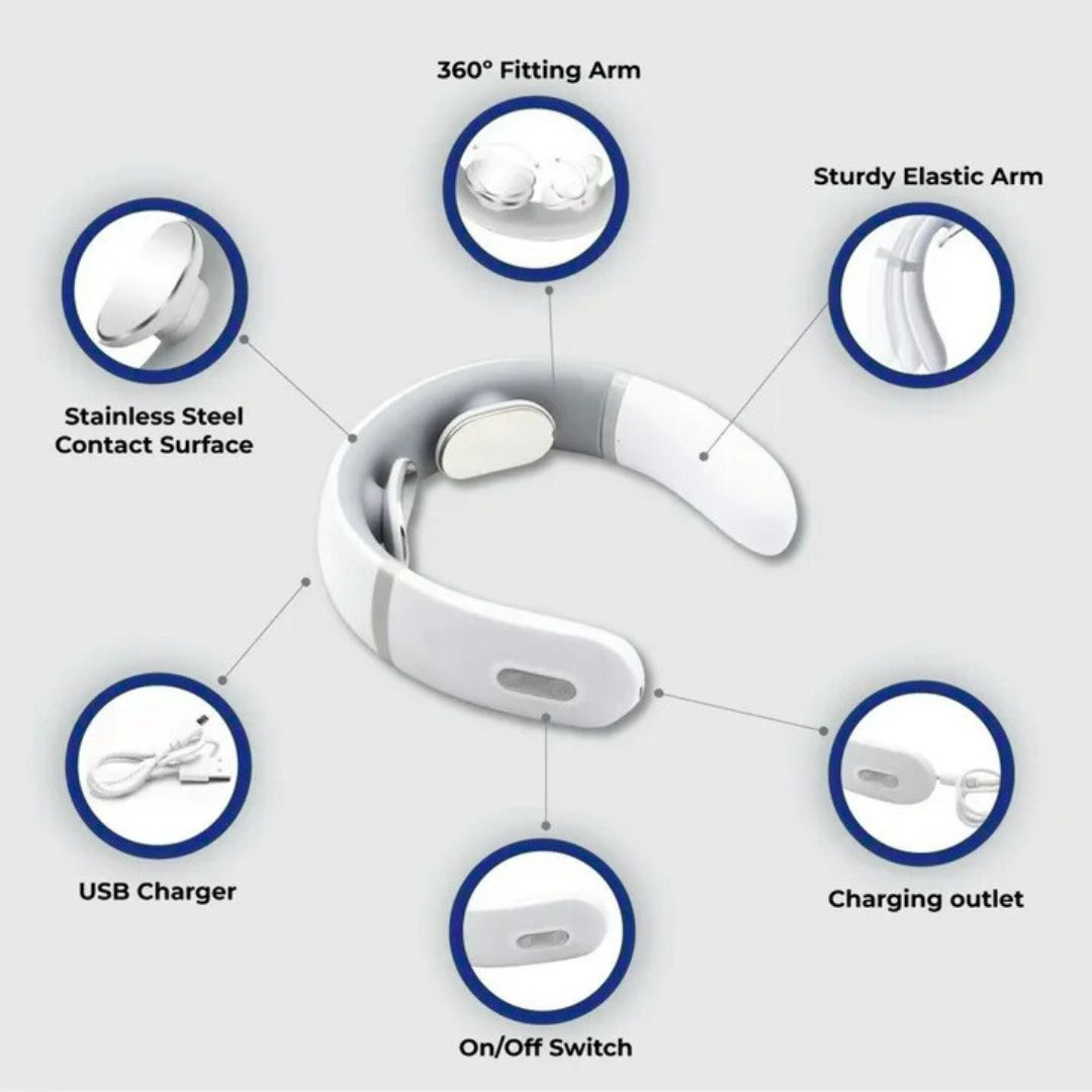 Diagram showing neck massager features including USB charger, on/off switch, and contact surface