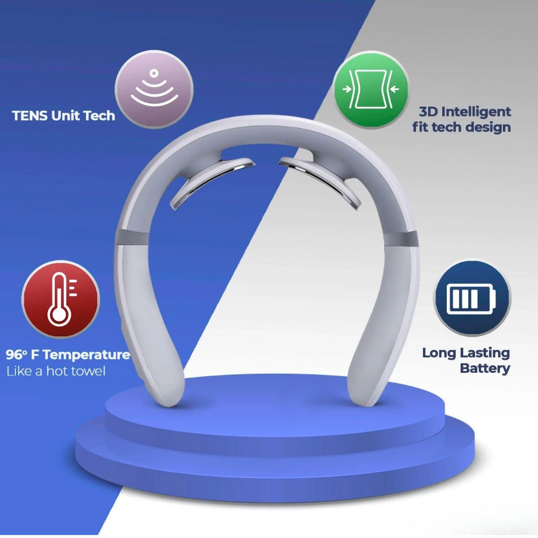 3D illustration of neck massager with callouts for TENS tech, fit design, and temperature control