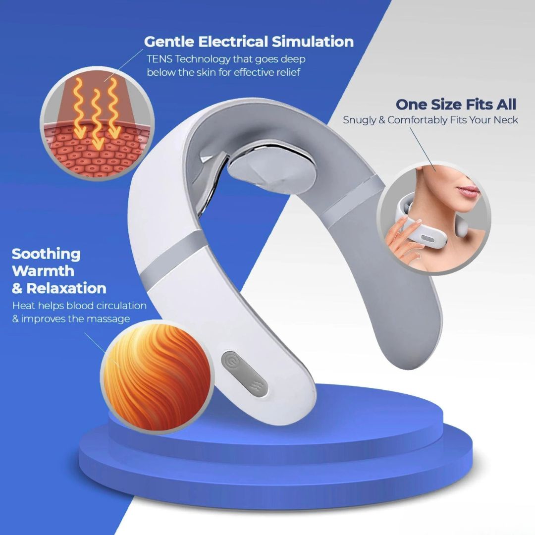Angled view of neck massager with graphics highlighting heat therapy and electrical stimulation