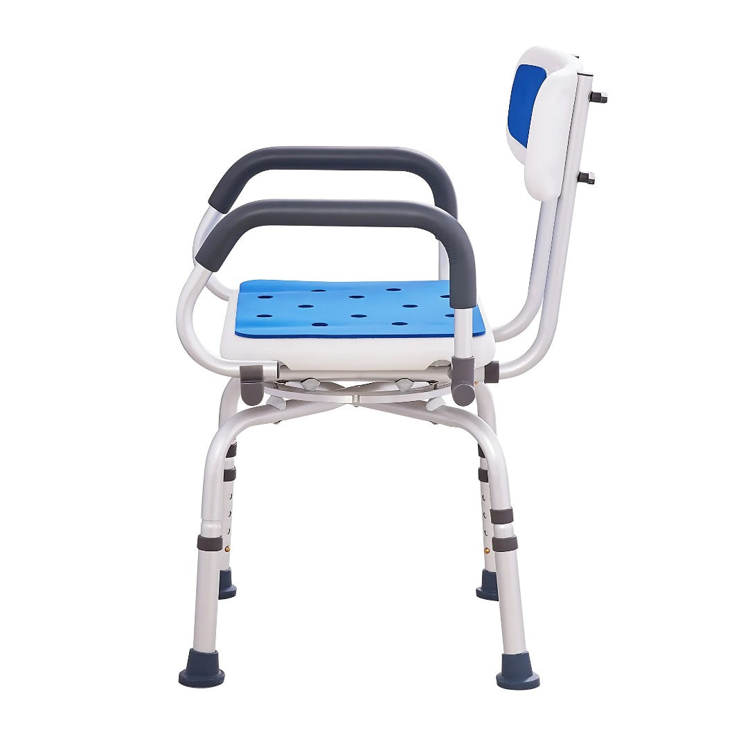 Side profile of the shower chair showing dual padded armrests and adjustable leg height holes.