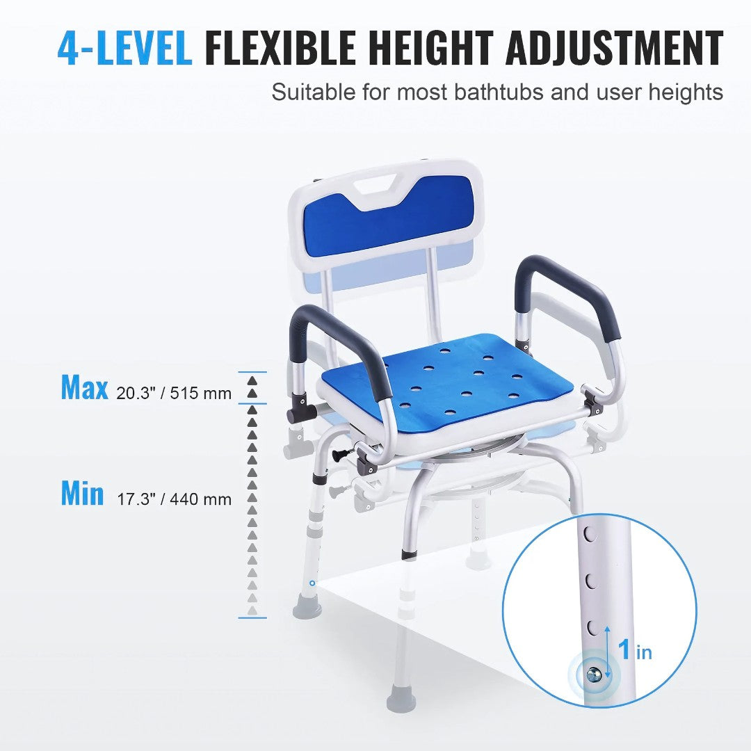 Shower chair with 4-level height adjustment from 17.3 to 20.3 inches, illustrated with seat and leg close-up.